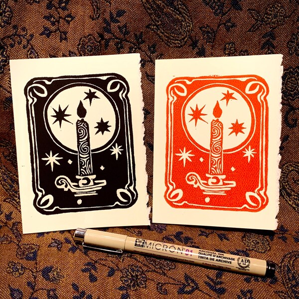 Candle & Stars Linocut Greeting Card - Winter Holiday Card - Hand Printed Singles or 3 Pack in Red OR Black