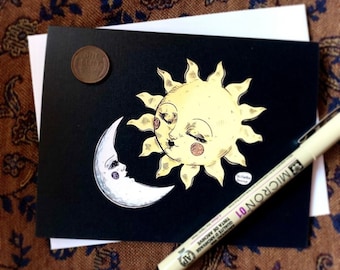 Celestial Romance Greeting Card w/ Envelope - 5.5x4 Blank - Fantasy Art - Celestial - Dark Art - Vintage Style Art - Sun & Moon