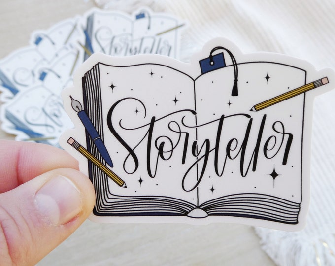 Storyteller 3" Vinyl Sticker Book, Pencils, Fountain Pen for Storytellers, Writers, Bibliophiles, Word Lovers - Waterproof for Water Bottles