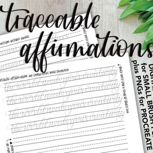 Övningssidor och målarbild med penselbokstäver med affirmationer för mental hälsa - digital nedladdning och PNG för Procreate | Skapad av Corrie Lynn