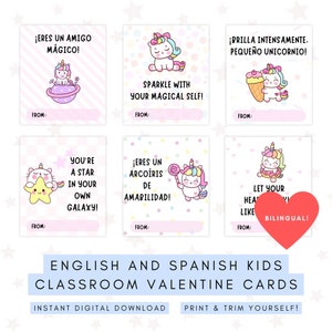 Printable Unicorn Valentine's Day Cards for Kids, Classroom, Dual Immersion, Bilingual, Positive Affirmations, Instant Download