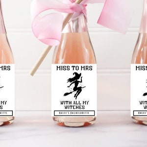 Witch Bachelorette Party Mini Champagne Labels, Miss to Mrs With All My Witches Party Favors, Halloween Bachelorette, Spooky, Witches