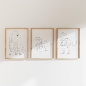 Arte infantil de dinosaurios con suéteres: dibujo lineal minimalista (descarga digital)