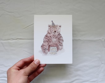 bear birthday card, cute bear birthday card, watercolor bear birthday card, sweet bear birthday, blank greeting card