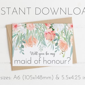 Blush Pink Maid of Honour proposal card, Wedding Day, Printable Greeting Card, Instant Download, Will you be my maid of honour, floral card