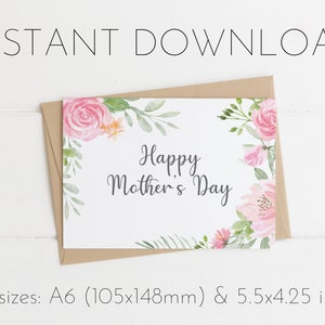 Printable Mother&#39;s Day Card, Instant Download, Print at home, Floral Greeting Card