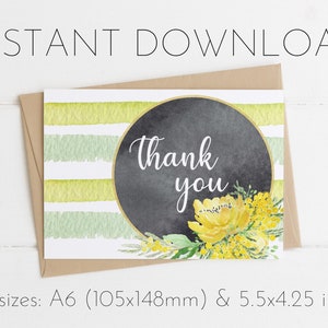 Cartão de agradecimento, cartão para impressão, download instantâneo, impressão em casa, cartão de felicitações floral, amarelo, verde, cartão de felicitações em branco