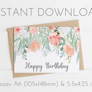Printable Birthday Card, Instant Download, Print at home, Floral Greeting Card, Blush Peach, Flower Card, Feminine Birthday Card