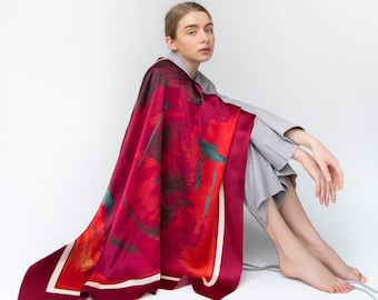 Artificial Silk Shawl 'Melody of Bach' - Bold Red Kerchief for Brave Souls - Ukrainian Artistry
