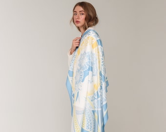 Natural silk blue and yellow scarf shawl "Stefania"/Designer silk scarf/Hair kerchief/Gift for her/Silk bandana top/Shawl wrap/Neck scarf