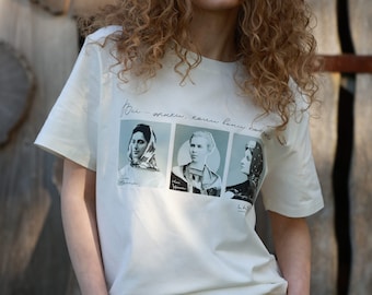 White T-shirt with Ukrainian Writer Icons - Patriotic Women in History