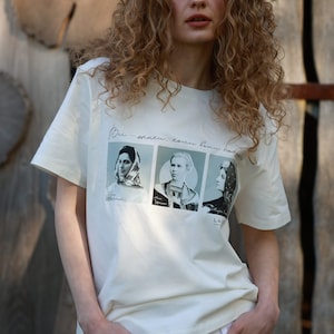 White T-shirt with Ukrainian Writer Icons Patriotic Women in History image 1