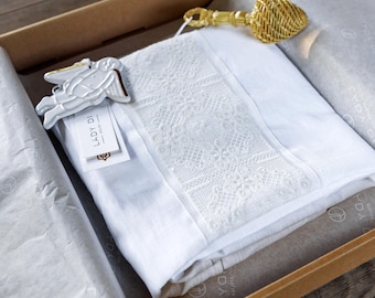 Linen Christening Gift Set: Handmade Baby Blanket, Ceramic Angel