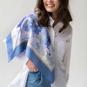 Blue Skyline Scarf: Handmade Abstract Art Silk Shawl