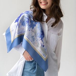 Artificial silk hair scarf for women, birthday gift. handpainted silk wrap, handmade gift, printed silk scarf shawl, gift for woman