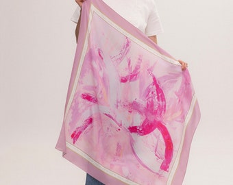 Natural silk Abstract Pink scarf  - Stylish Gift for Mom, Grandma, Friend, Сolleague