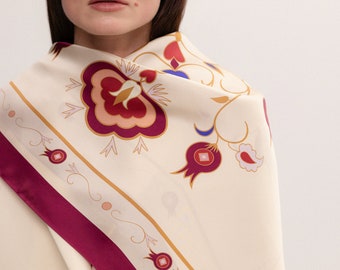 Silk Kerchief “Family Tree” | Ukrainian Heritage Scarf | Meaningful Gift for Women | Cultural Pattern Shawl
