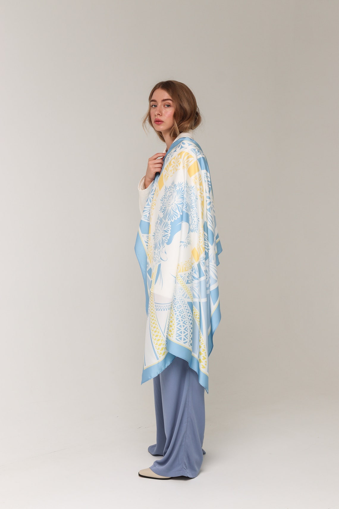 Blue and Yellow Scarf Shawl stefania/designer Silk - Etsy