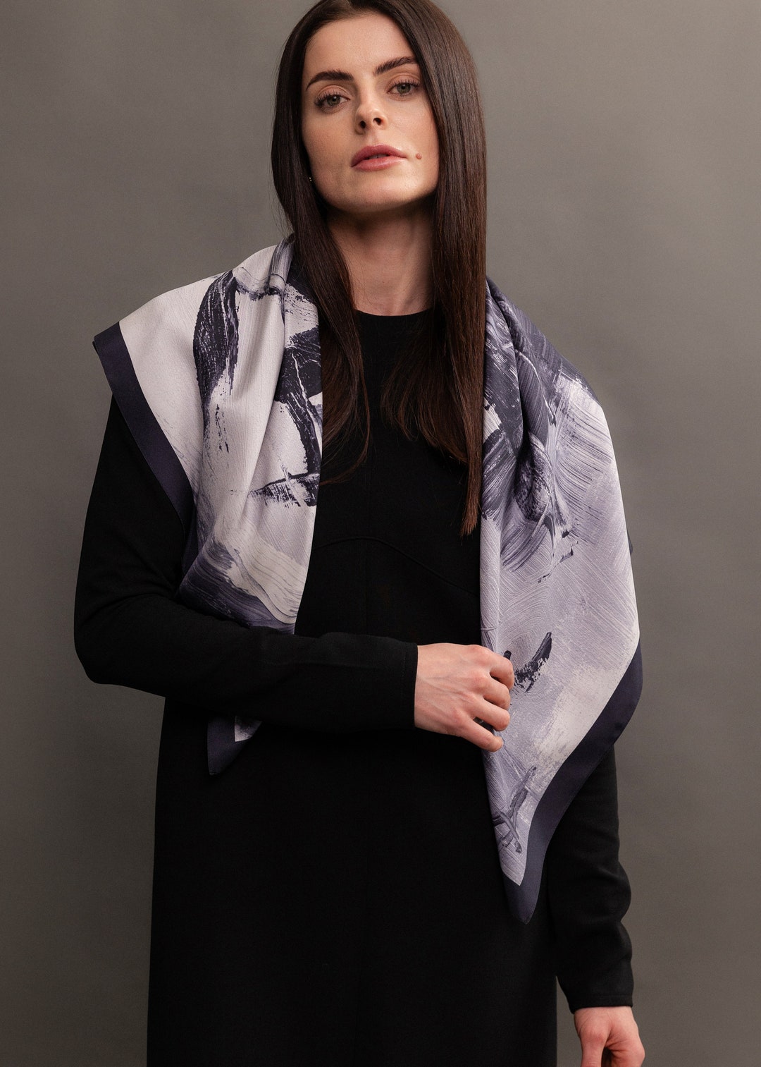 Natural Silk Abstract Black Silk Squre Scarf - Gift for Woman, Shawl