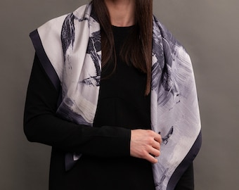 Natural silk Abstract Black silk squre scarf - Gift for woman, Shawl Wrap, Neck Scarf