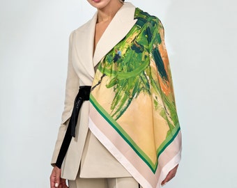 Shawl "Melody Vivaldi" made of artificial silk in green shades/ Silk hair scarf/Unique Ukrainian hair accessories/ Neck scarf/Fashion gift