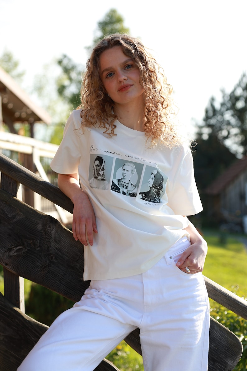 White T-shirt with Ukrainian Writer Icons Patriotic Women in History image 3