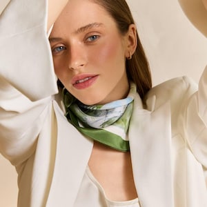 Scarf in Artificial Silk  &quot;Rozmai&quot; – Green & Blue Nature-Inspired Elegance