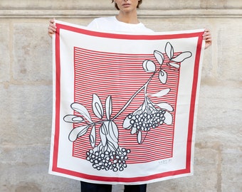 Natural Silk Scarf 'Rowberry' in White and Red - Symbolic Gift: Ukrainian Mountain Ash Inspired