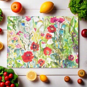 Poppies Glass Chopping Board: Decorative Kitchen Worktop Saver