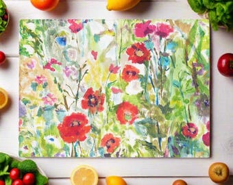 Poppies Glass Chopping Board: Decorative Kitchen Worktop Saver
