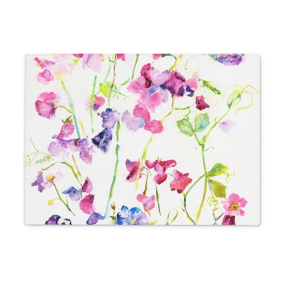 Sweet Peas Glass Chopping Board: Floral Worktop Saver (15" x 11")