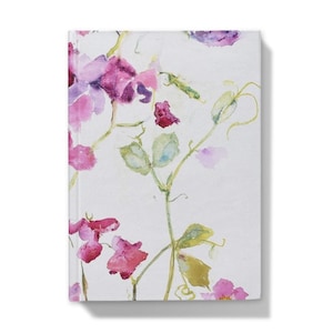 A hardback journal with a beautiful sweet pea painting on the cover.