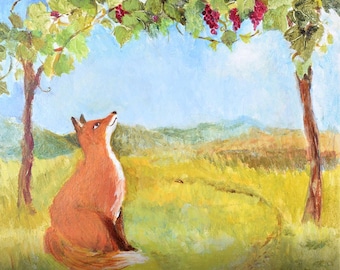 Puede incluir: Una pintura acrílica de un zorro rojo sentado en un campo de hierba, mirando hacia arriba a una vid con racimos de uvas rojas colgando. La escena presenta un cielo azul y colinas distantes, con el texto The fox and the grapes en la parte inferior.