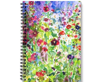 ホリホック A5 スパイラルノート：花の水彩画、園芸愛好家へのギフト