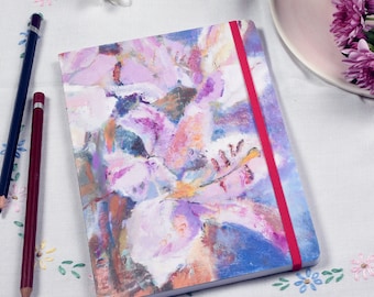 Floral A5 Lined Notebook: Pink Lilies Art, Elastic Closure