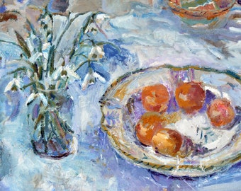 May include: A still life painting of a bouquet of white snowdrops in a glass vase on a blue tablecloth. A white ceramic plate with five orange fruits sits on the table.
