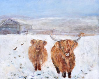 Highland Cow Christmas Cards: Snowy Farm Animal Art, Pack of 6