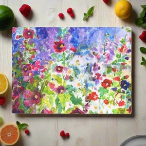 Glazen snijplank stokrozen: keukenwerkblad met bloemen