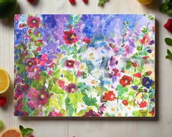 Hollyhocks Glass Chopping Board: Floral Kitchen Worktop Saver