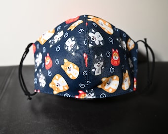 Dog pattern Shiba Inu, Pomeranian Face Mask/ Cloth Mask/ Fabric Mask w/ Filter Pocket -Made in USA - Adjustable Cord-Washable Reusable