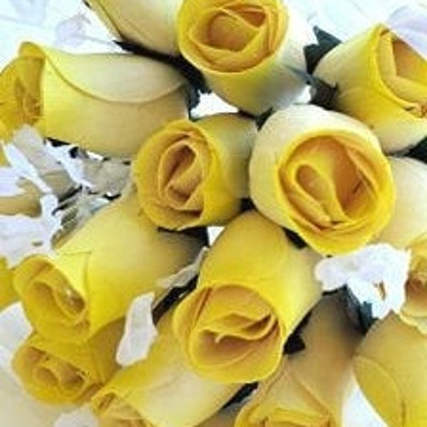 Wooden Rose Bouquet,  Yellow| 16 Wood Rose Stems with Silk Baby's Breath