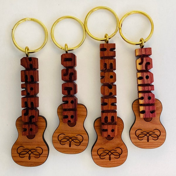 Hand Carved Red Cedar Wood Guitar Key Ring/ Custom Name