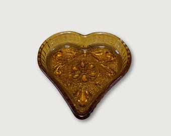 Vintage Amber Glass Heart Dish - Vintage Amber Glass - Retro Ring Dish - 70's Heart Trinket Tray - Vintage Home Decor - Free Shipping