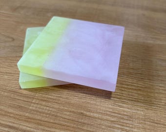Frosted Pink and Yellow Resin Square Coasters - Set of 2 - Acrylic Acetate Coasters - Vintage Home Decor - Free Shipping