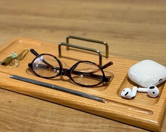 Vintage Oak and Brass Valet - Vintage Desk Organizer - 1980's Wood Valet Tray - Free Shipping