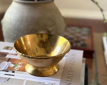 Vintage Brass Pedestal Bowl with Bamboo Rim Design - Vintage Brass Home Decor - Free Shipping