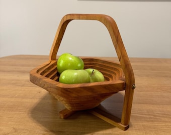 Vintage Collapsible Hexagonal Wood Fruit Basket - Vintage Kitchen Decor - Free Shipping