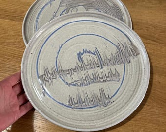 Hand Thrown Ceramic Platters Signed by Artist “Houston” – Set of 2 – MCM Glazed Studio Pottery  – Vintage Home Decor – Free Shipping