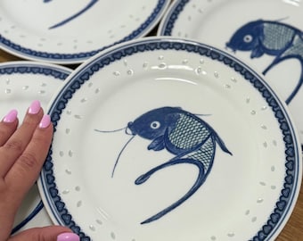 Vintage Blue and White Koi Fish Plate Set of 4 by True Blue Coastline Imports - Vintage Brunch, Luncheon, Dinner Plates - Free Shipping