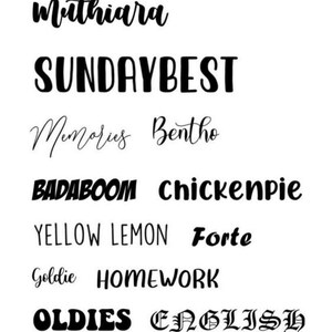 Peut inclure: Une image en noir et blanc avec une liste de mots dans diff&eacute;rentes polices et styles. Les mots sont : muthiara, SUNDAYBEST, Memories, Bentho, BADABOOM, chickenpie, YELLOW LEMON, Forte, Goldie, HOMEWORK, OLDIES, ENGLISH.